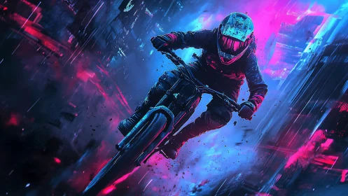 Motorcyclist in neon-lit urban environment at speed.