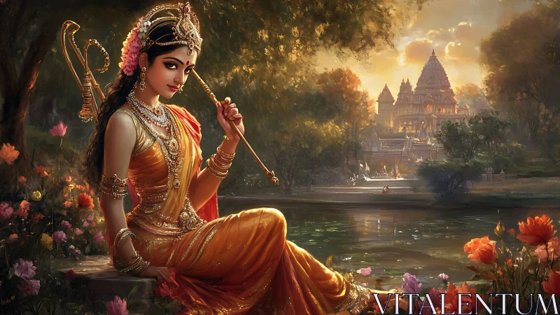 Digital painting of serene goddess by temple lake at sunset.