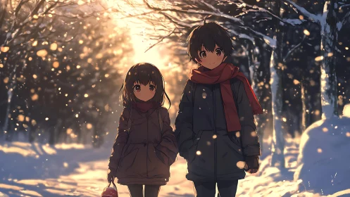 Winter forest walk with siblings in golden evening light.