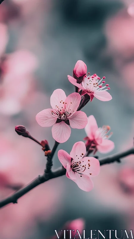 Pink cherry blossoms photographed against blurred background with dark branches
