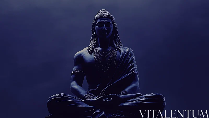 Silhouetted meditating deity statue in monochrome blue light.
