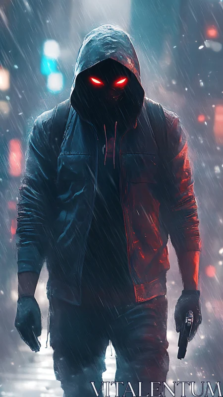 Hooded gunman with glowing red eyes in neon rainstorm.