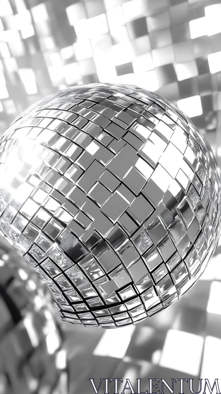 Silver mirrored disco sphere in a geometric light storm.
