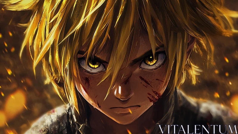 Intense blond warrior glare amid drifting embers at dusk.