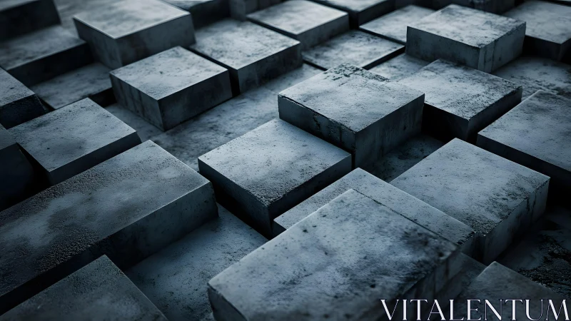 Concrete blocks layered in geometric 3D pattern. Industrial minimalist composition with dramatic sha