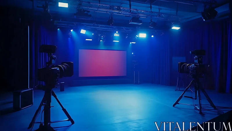 Television studio shows empty blue-lit stage with cameras ready