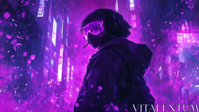 Neon drifter in violet haze stalking the sleepless city.
