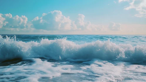 Bright turquoise surf crashes against tranquil sandy shoreline