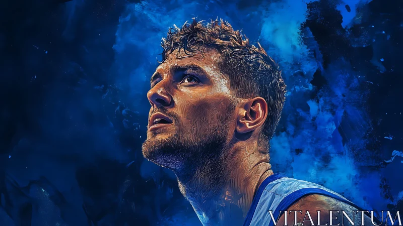 Focused basketball player portrait in intense blue light.