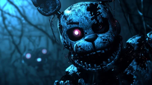 Sinister animatronic rabbit grins in eerie blue forest.