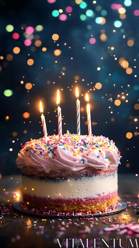 Birthday Cake with Lit Candles and Colorful Sprinkles