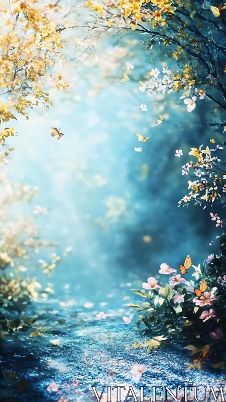 Dreamy woodland path with soft light and fluttering blooms.