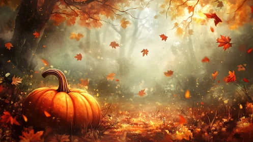 Pumpkin glows under swirling autumn leaves in forest mist