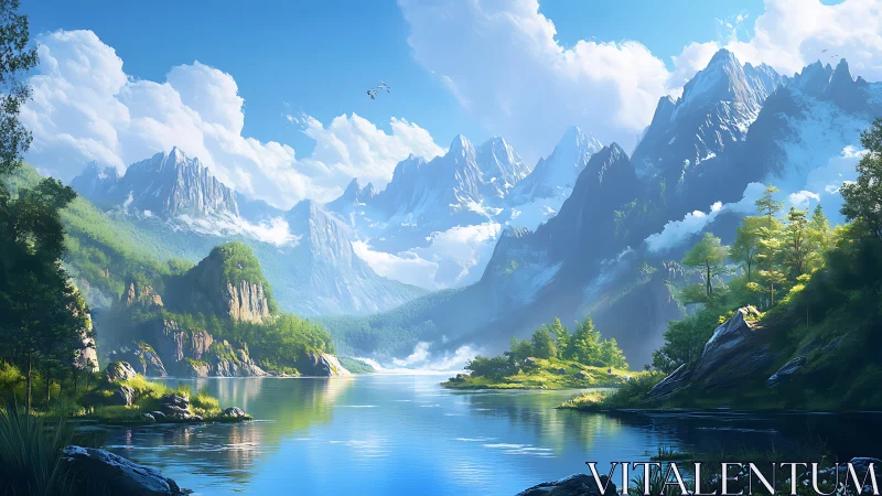 Majestic alpine lake under towering snow capped peaks.