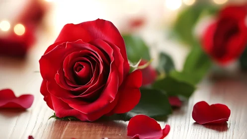 Red Rose Bloom on Wood with Scattered Petals.