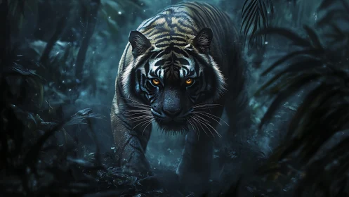 Moonlit jungle tiger with ember eyes stalking the hush.
