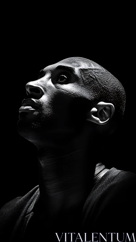 Monochrome side-profile portrait isolates upward gaze