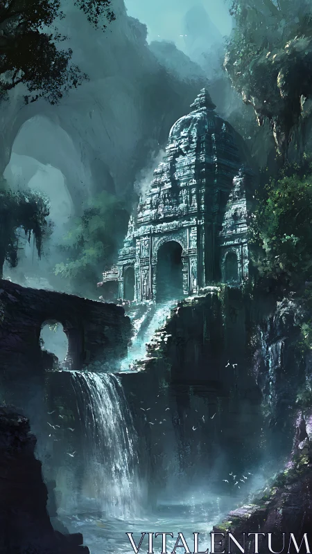 Vertical fantasy temple gorge with cascading waterfalls composition.