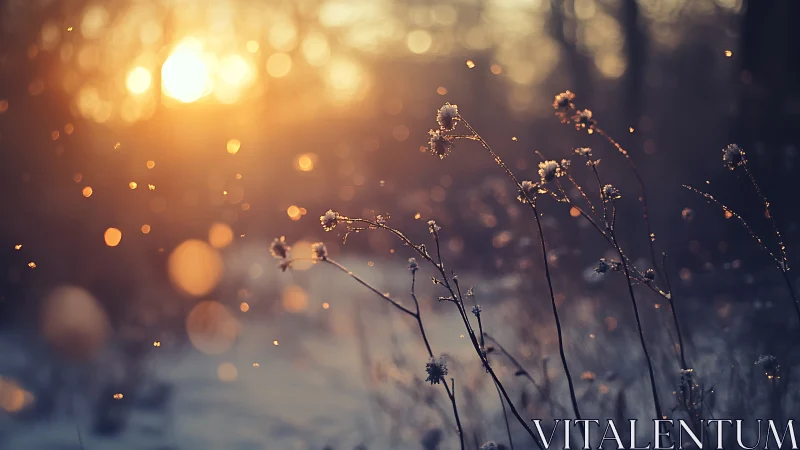 Winter meadow backlit by glowing sunset bokeh haze.