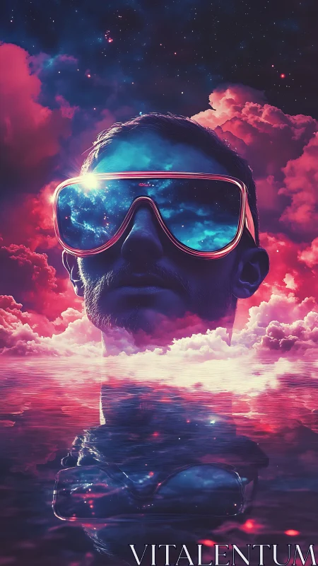 Stargazer adrift in neon clouds and cosmic reflections.