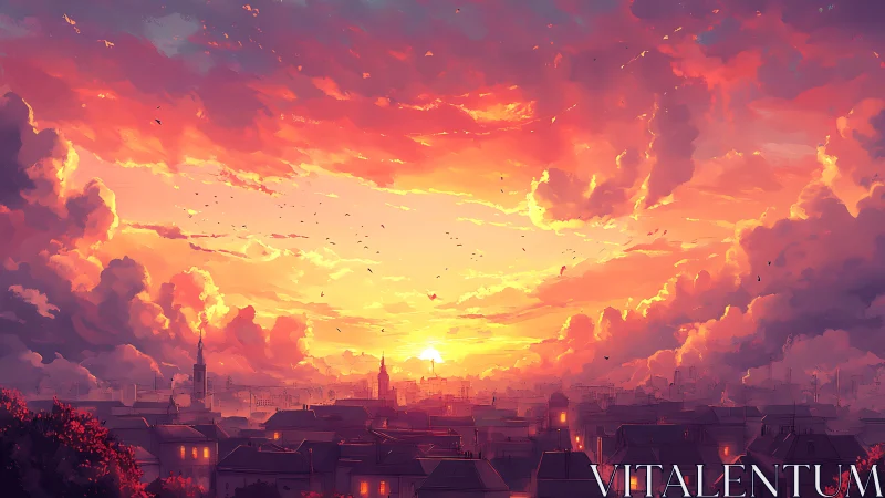 Sunset storm clouds ignite glowing city horizon.