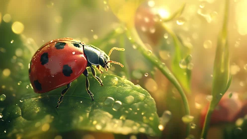 Macro render of ladybug on dewy leaf in soft golden bokeh