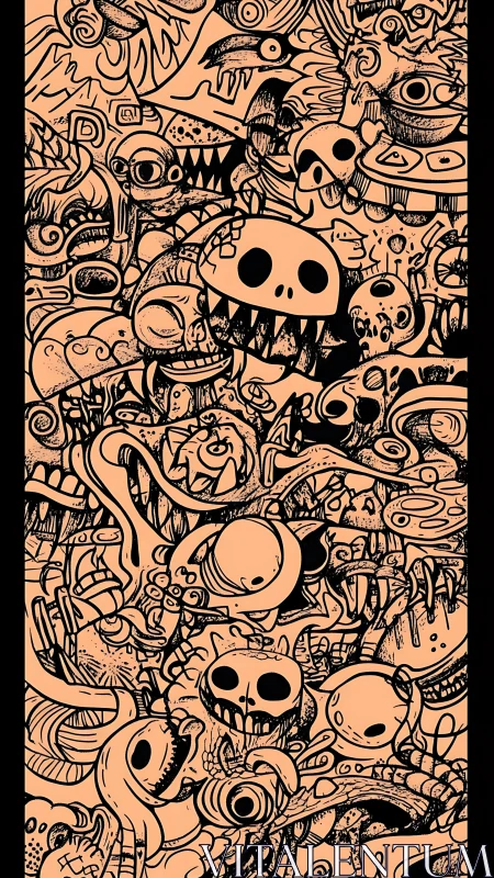 Dense vertical doodle composition displays clustered skull motifs