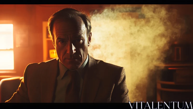 Middle aged man in suit framed by dramatic backlight haze