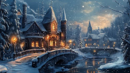 Snow-covered riverside village with lamplit stone houses.
