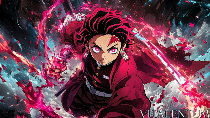 Anime swordsman advances through radial energy burst field