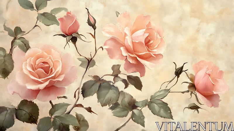 Soft pink garden roses bloom against textured cream ground