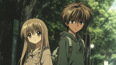 Anime school pair walking through sunlit tree-lined street.