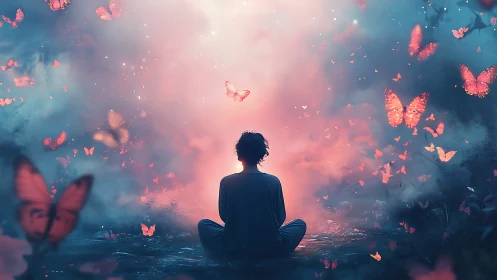 Dreamlit meditator births a storm of luminous butterflies