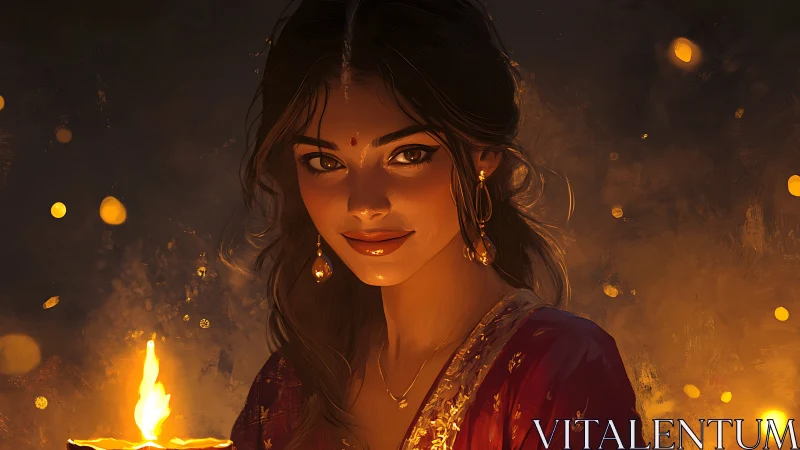 Woman in Traditional Attire Holding Diya, Warm Festive Art.