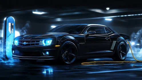 Black electric muscle car charging in neon lit parking lot.