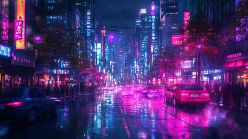 Neon lit city street at night with traffic in rainfall conditions.