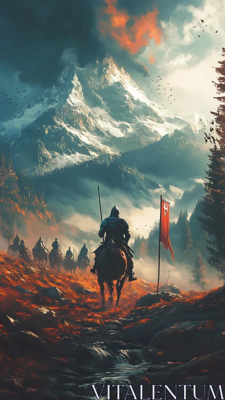 Armored cavalry advancing toward volcanic alpine citadel.