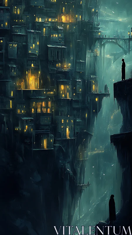 Cliffside city with glowing windows above deep chasm at night.