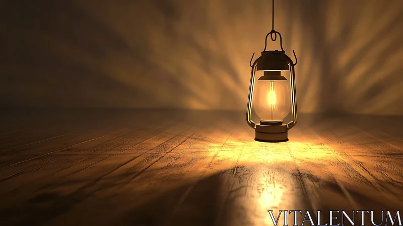 Suspended lantern casting radial caustic light on wooden floor