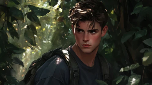 Young man in dense forest with backpack, soft light mood.