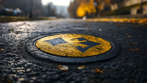 Low-angle autumn street view with yellow circular hazard marker