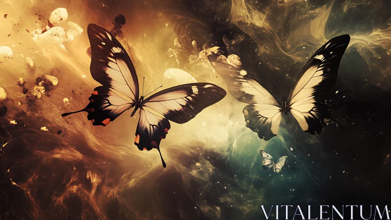 Celestial butterflies traverse a swirling bicolor nebular field