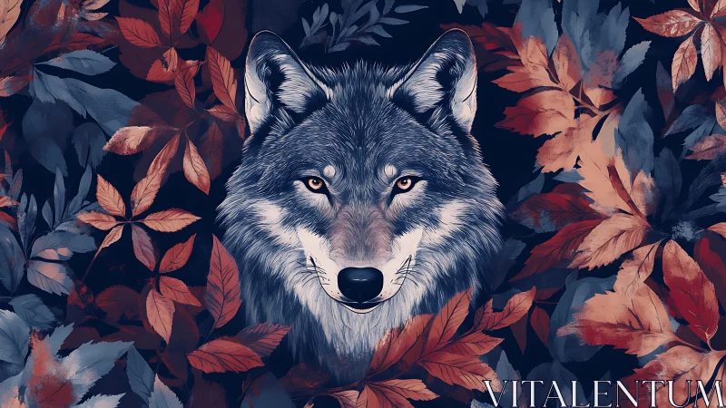 Digital painting portrait of wolf amid autumn foliage symmetry.