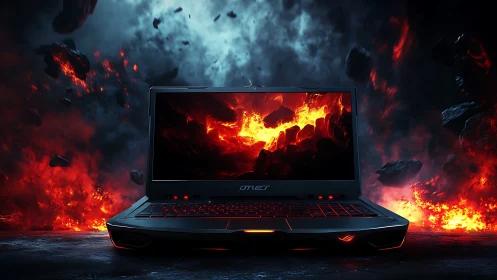 Gaming laptop amid volcanic inferno with fiery neon glow.