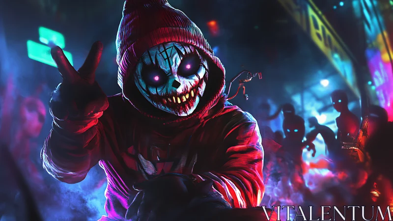 Neon masked trickster in cyberpunk alley with spectral crowd.