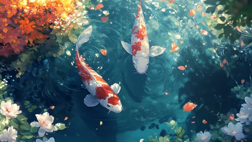 Koi carp pair in clear pond with surface foliage and petals.
