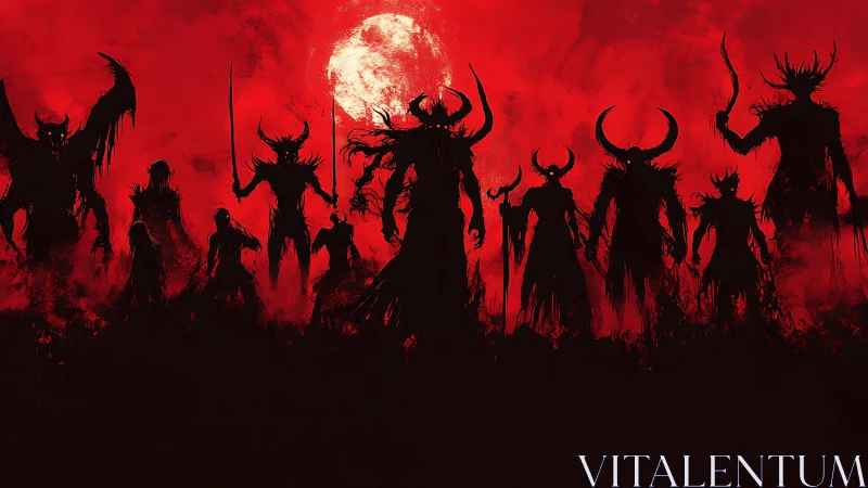 Horned demonic silhouettes stand under a blood red moon