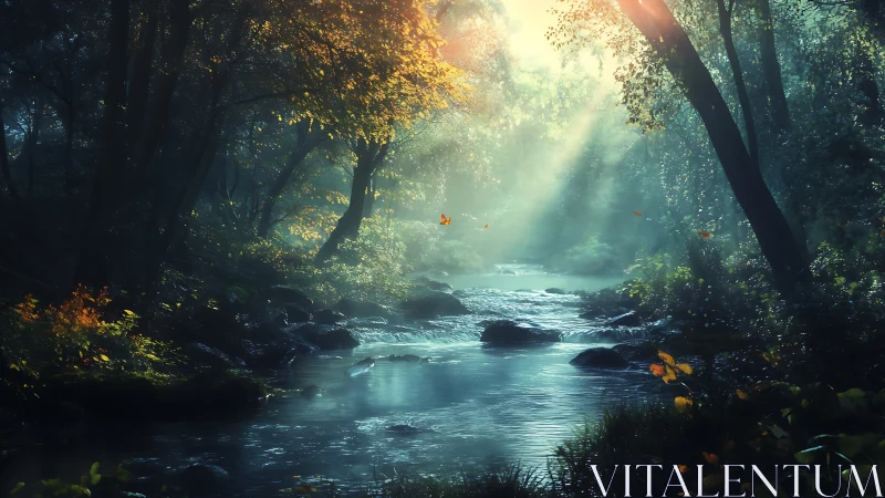 Sunlit stream carved through luminous forest cathedral.