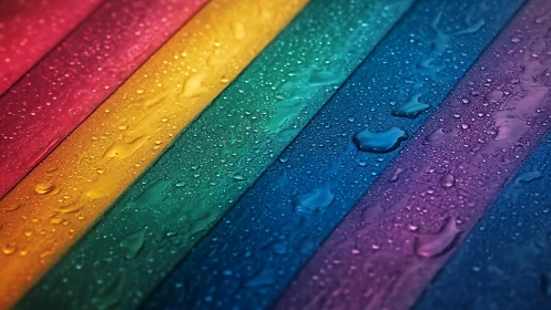 Raindrops parade across diagonal rainbow planks in closeup.