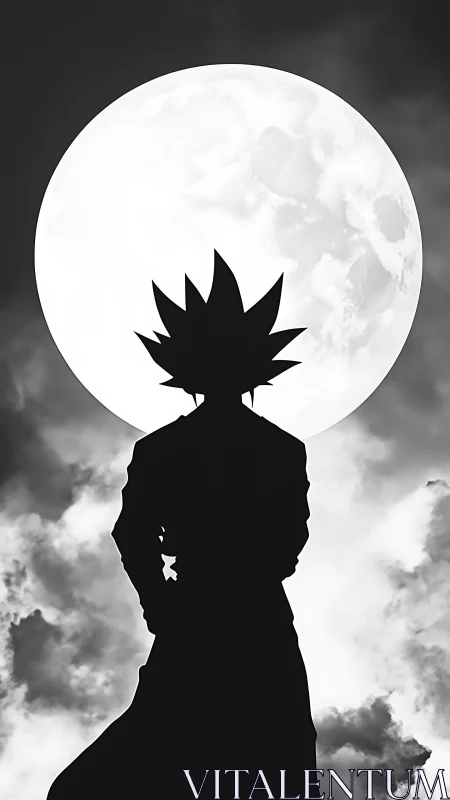 Backlit spiky silhouette against lunar disc in monochrome night.